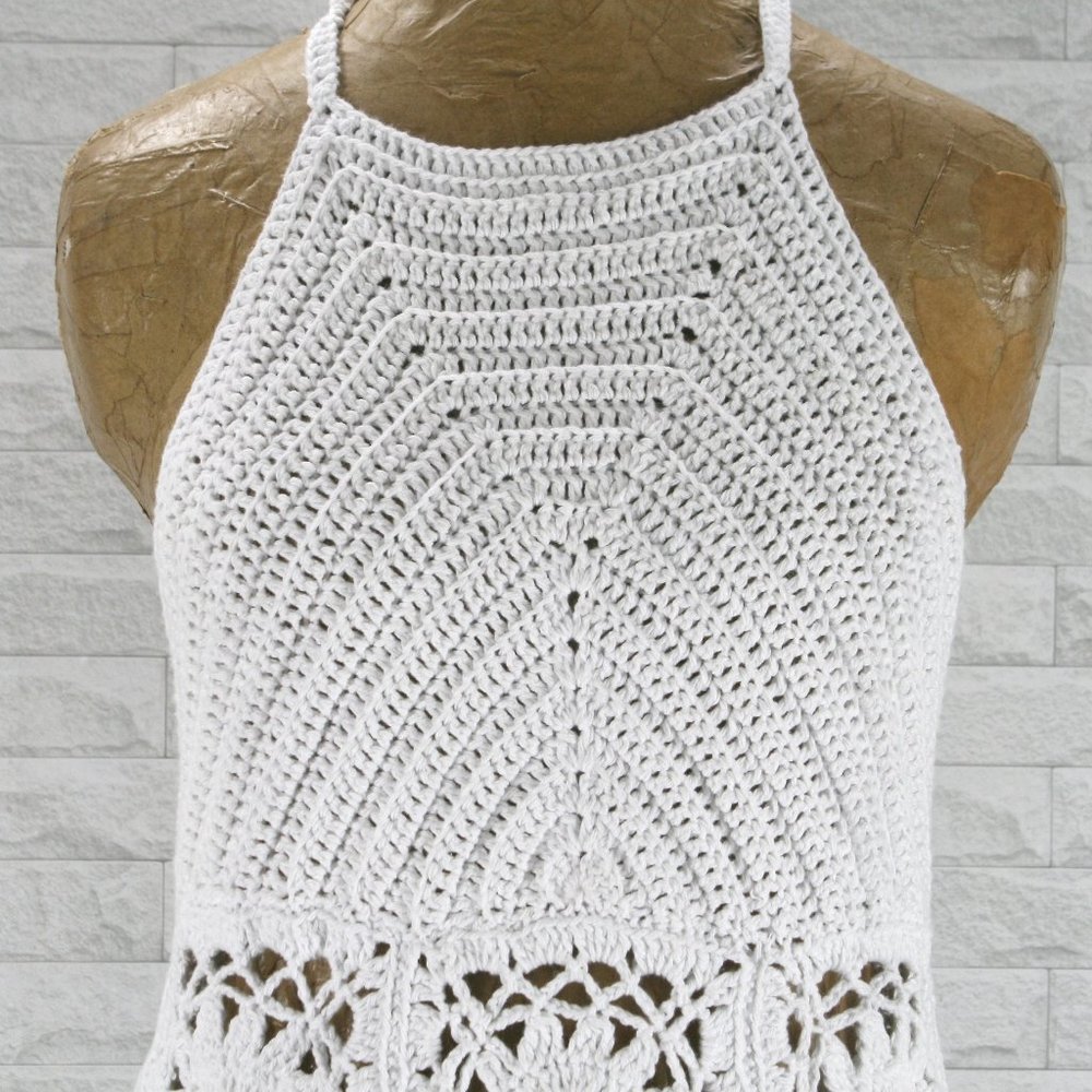 HAND CRAFTED Crochet Dress Halter White Cotton Wedding Coastal Cowgirl Bridal - Picture 2 of 16